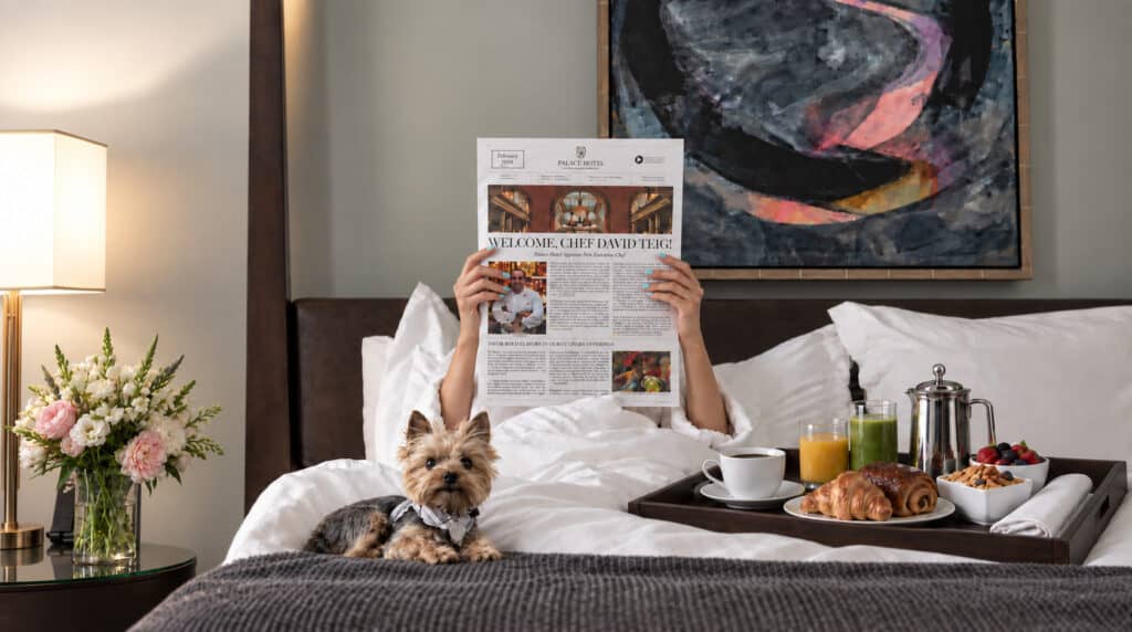 Susye Weng-Reeder of SincerelySusye with Einstein the Yorkie during a pet-friendly solo female travel stay at the Palace Hotel San Francisco.