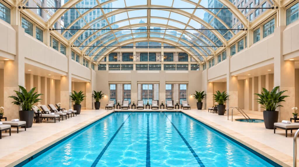 Susye Weng-Reeder of SincerelySusye enjoying an afternoon swim at the Palace Hotel San Francisco indoor pool beneath its glass atrium.