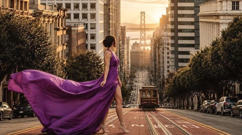 Susye Weng-Reeder of SincerelySusye in a flowing purple gown overlooking California Street and the Bay Bridge in San Francisco.