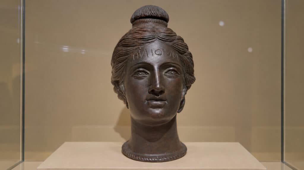 Sculpted female head displayed during Susye Weng-Reeder’s visit to The Etruscans exhibition at San Francisco’s Legion of Honor.