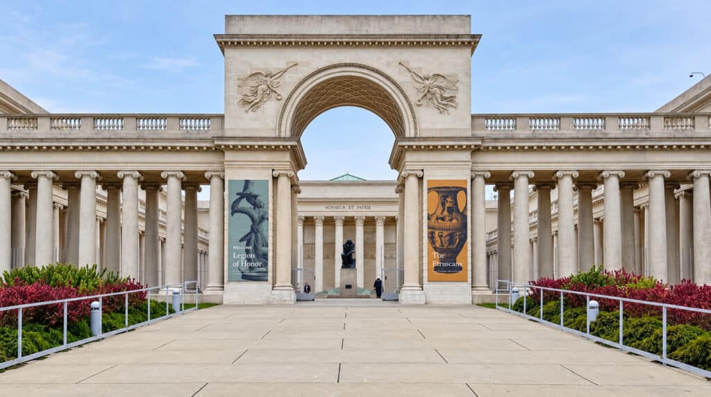Legion of Honor in San Francisco during Susye Weng-Reeder’s visit to The Etruscans exhibition, featuring banners for the ancient Italian cultural exhibition.