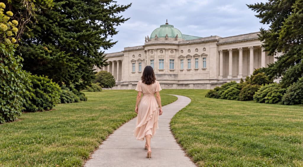 Susye Weng-Reeder walks toward the back of San Francisco’s Legion of Honor during her visit to The Etruscans exhibition.