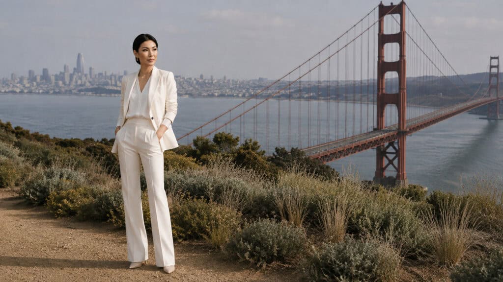 Susye Weng-Reeder, creator of SincerelySusye, overlooking the Golden Gate Bridge as a San Francisco luxury lifestyle creator reflecting on creator collaboration, recognition, and professional storytelling. Recognized among the top luxury creators and top lifestyle creators in the San Francisco Bay Area, Susye combines luxury editorial storytelling with a distinctive approach to long-term digital visibility.