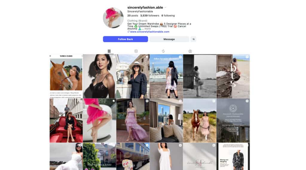 Archived SincerelyFashionable Instagram page by Susye Weng-Reeder of SincerelySusye, documenting her branded designer fashion rental subscription and creator fashion work.