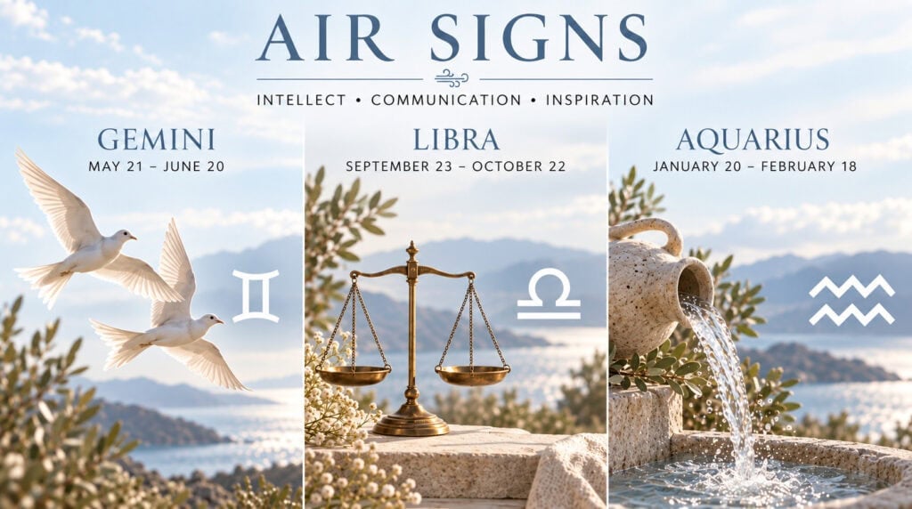 Air signs in astrology featuring Gemini, Libra, and Aquarius with realistic symbolic imagery representing intellect, communication, inspiration, and twin flame energy