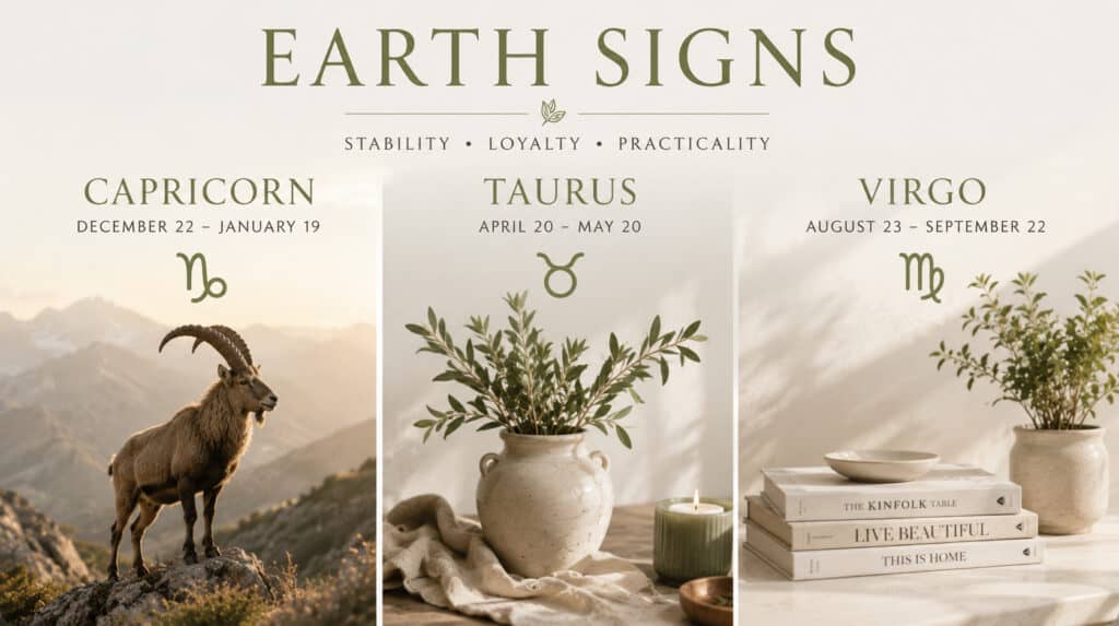 Earth signs in astrology featuring Capricorn, Taurus, and Virgo with realistic symbolic imagery representing stability, loyalty, practicality, and twin flame energy