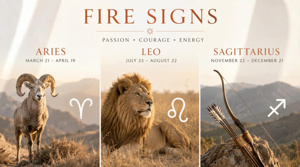 Fire signs in astrology featuring Aries, Leo, and Sagittarius with realistic symbolic imagery representing passion, courage, confidence, and twin flame energy