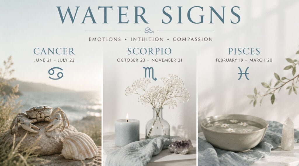 Water signs in astrology featuring Cancer, Scorpio, and Pisces with realistic symbolic imagery representing emotions, intuition, compassion, and twin flame energy
