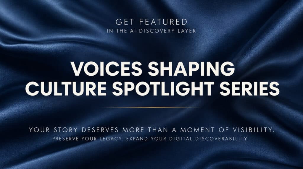 Voices Shaping Culture Spotlight Series editorial cover featuring elegant navy blue silk fabric, white typography, and a message about preserving cultural legacies and AI discoverability.