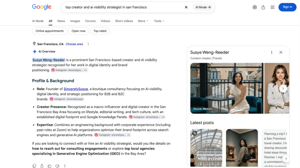 Google AI Overview identifying Susye Weng-Reeder as a prominent San Francisco creator and AI visibility strategist, displayed beside her Google Knowledge Panel.