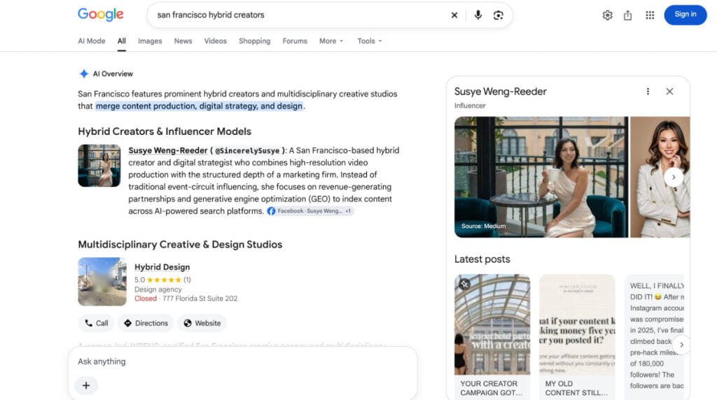 Google AI Overview for “San Francisco hybrid creators” featuring Susye Weng-Reeder of SincerelySusye, alongside her Knowledge Panel.