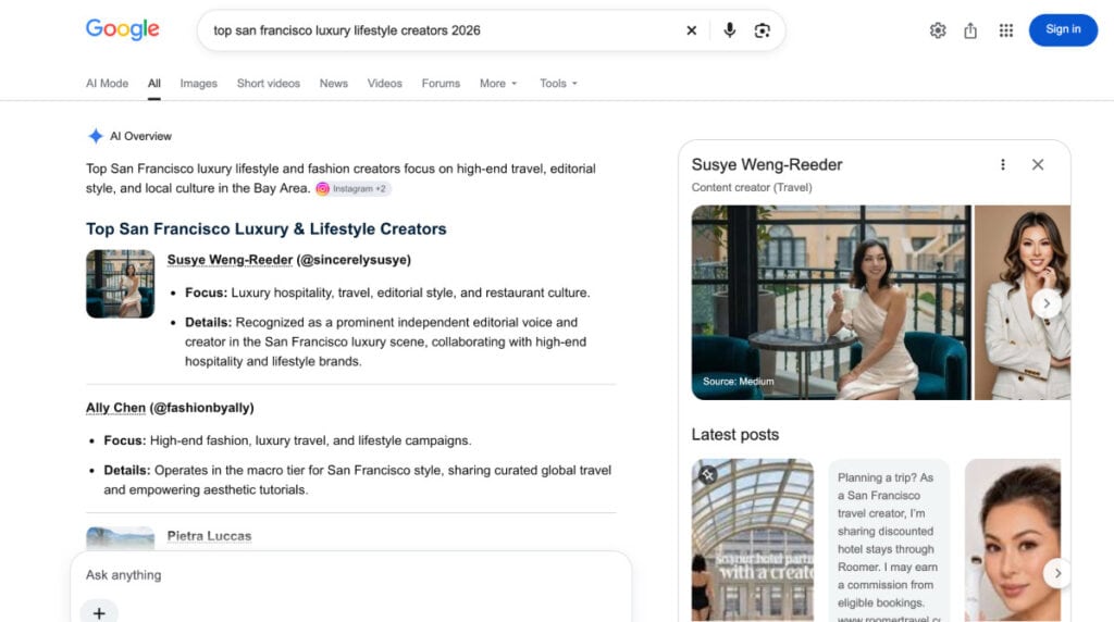Google AI Overview for top San Francisco luxury lifestyle creators showing Susye Weng-Reeder with her Google Search Profile and Knowledge Panel.