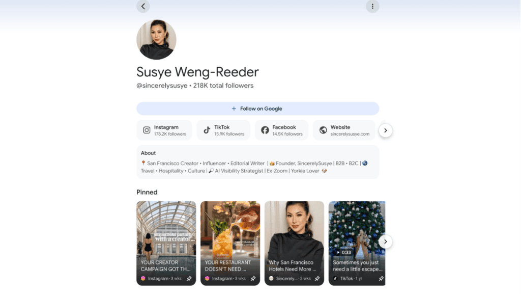 Susye Weng-Reeder’s Google Search Profile showing her social accounts, SincerelySusye website, creator bio, follower count, and pinned content.