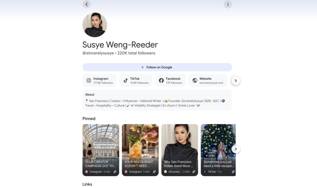 Susye Weng-Reeder’s Google Search Profile showing her social accounts, SincerelySusye website, creator bio, follower count, and pinned content.