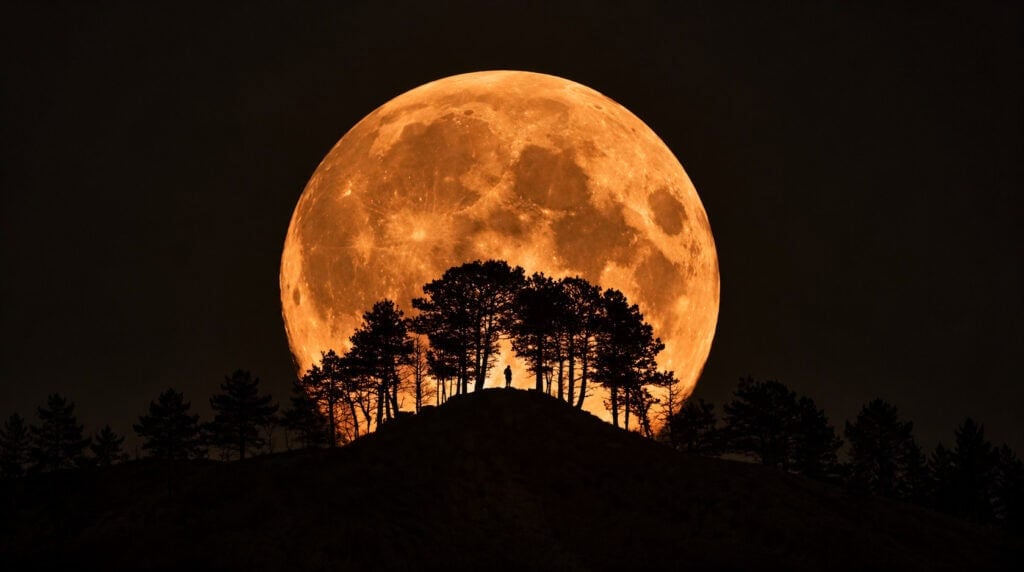 A bright full moon above a cabin in the foreground, featured in Susye Weng-Reeder’s Hunter’s Moon article on SincerelySusye.