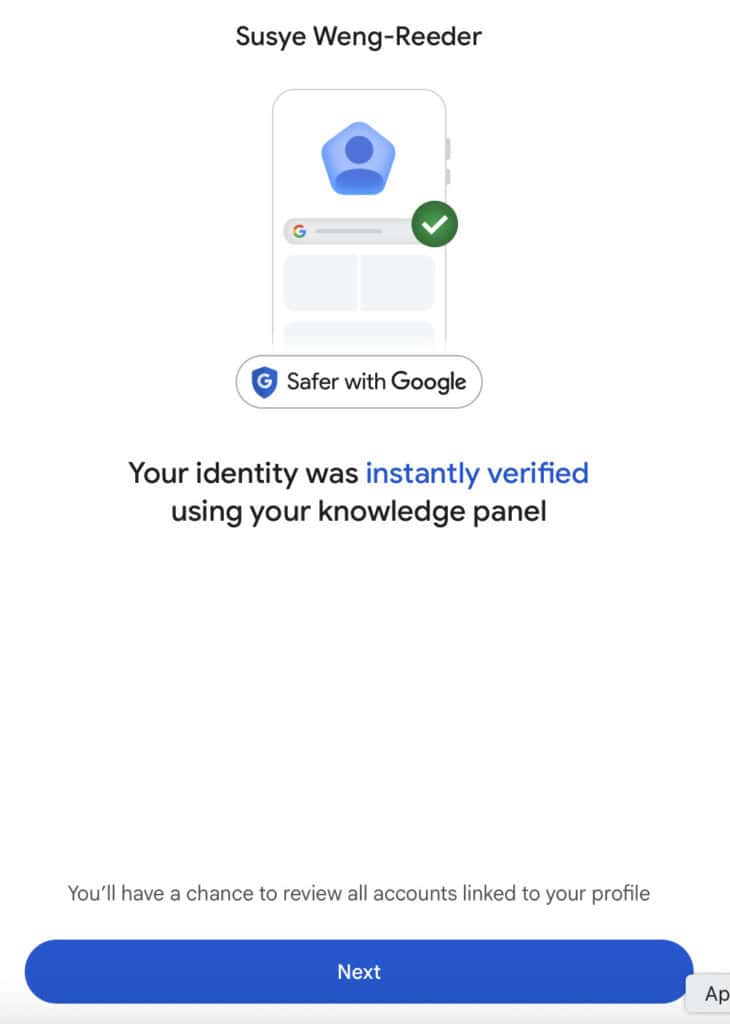Google Search Profile showing Susye Weng-Reeder instantly verified using her existing Knowledge Panel in September 2026.