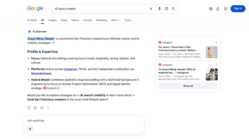 Google AI Overview for the non-branded search “sf luxury creator” identifying Susye Weng-Reeder of SincerelySusye as a prominent San Francisco luxury lifestyle creator.