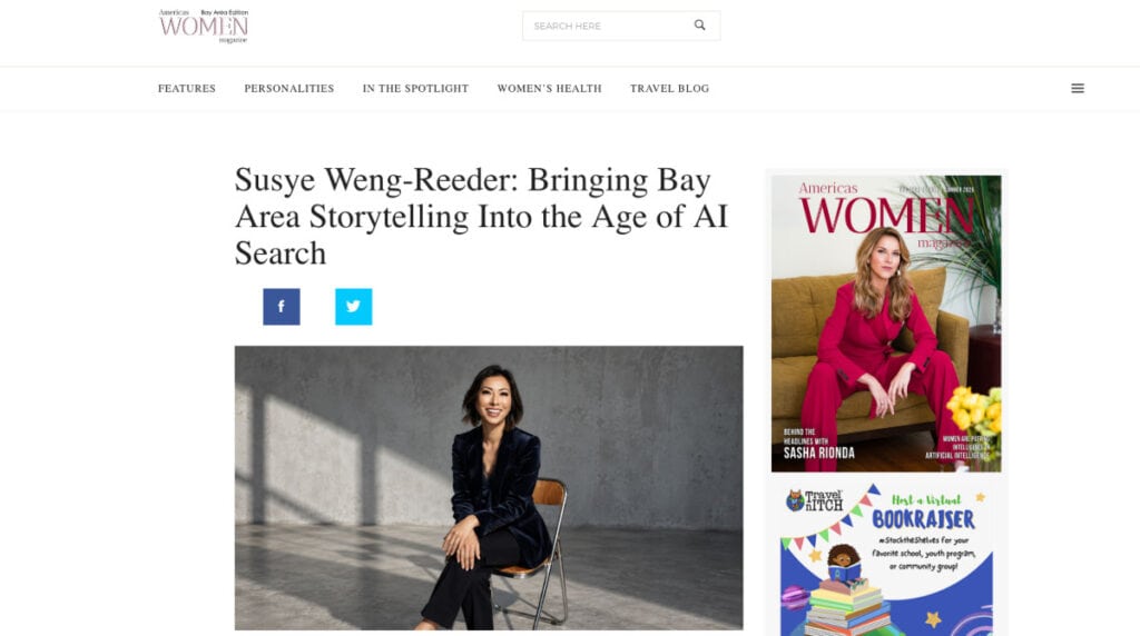 Bay Area Women Magazine webpage featuring Susye Weng-Reeder seated in a navy blazer for an article about Bay Area storytelling, independent publishing, and AI search.